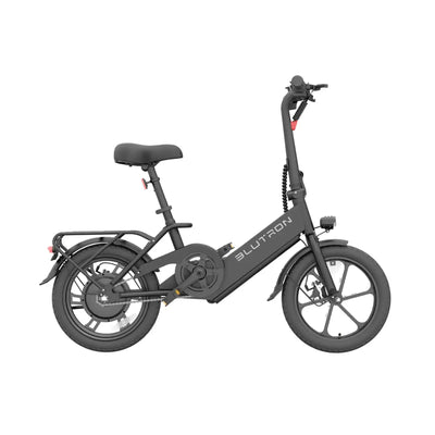 A sleek black Blutron lightweight folding ebike, showcasing its padded seat, rear cargo rack, front LED light, and spring suspension—designed for easy portability and smooth, comfortable urban rides