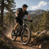 Rugged Blutron Mountain Ebike - Rider navigating this off-road electric bicycle along a rocky dirt trail in a sunlit outdoor landscape
