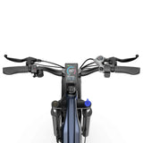 Handlebar section of a 750w fat tire ebike has a multifunctional digital display, control buttons, brake levers, and front suspension for smooth, stable rides.