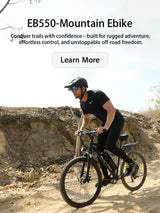 Helmeted rider navigates the Blutron EB550 (rugged mountain ebike) on a rocky dirt trail—its sturdy build enables effortless off-road control for rugged adventures.