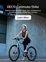 Helmeted woman rides the Blutron EB570 by a modern textured building—ideal for agile, smooth urban commutes.