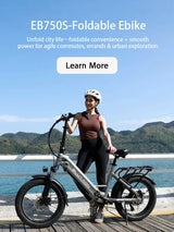 Helmeted woman beside the Blutron EB750S (foldable ebike with rear rack) on a coastal boardwalk—its compact design suits agile urban commutes and casual seaside stops.
