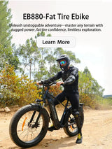 Gear-equipped rider on the Blutron EB880 (fat tire ebike with rugged build) on a wooded dirt trail—its thick tires and sturdy frame make it ideal for all-terrain adventures.