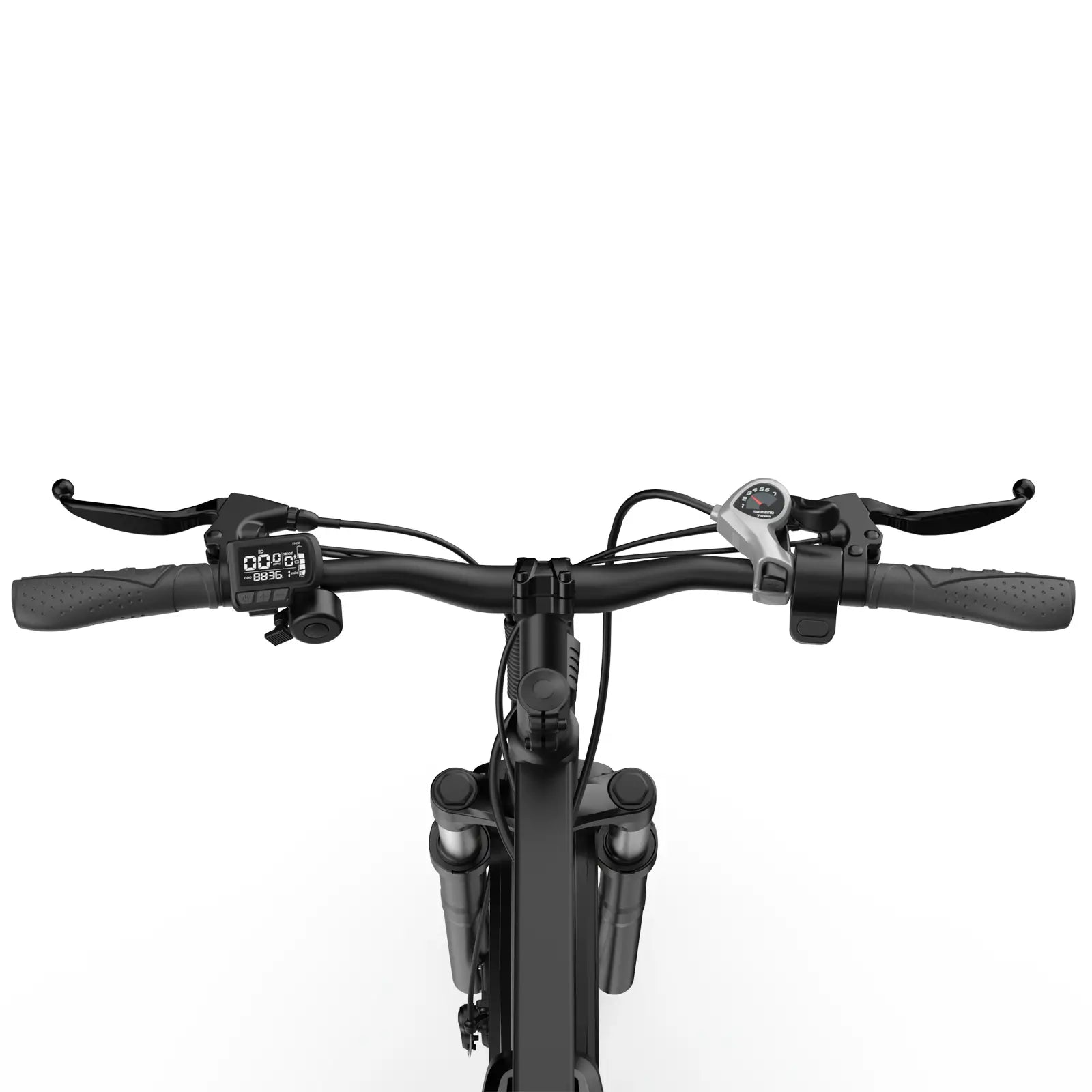 BLUTRON EB550 electric mountain bike handlebar close-up: Features digital display (showing ride data), brake levers, control components, and suspension front fork, presented against a plain white background
