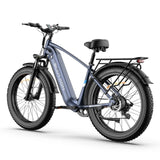 Blutron EB880 best hill climbing fat tire ebike features a frame, wide all-terrain tires, disc brakes, rear cargo rack, and handlebar digital display—designed for reliable uphill performance.