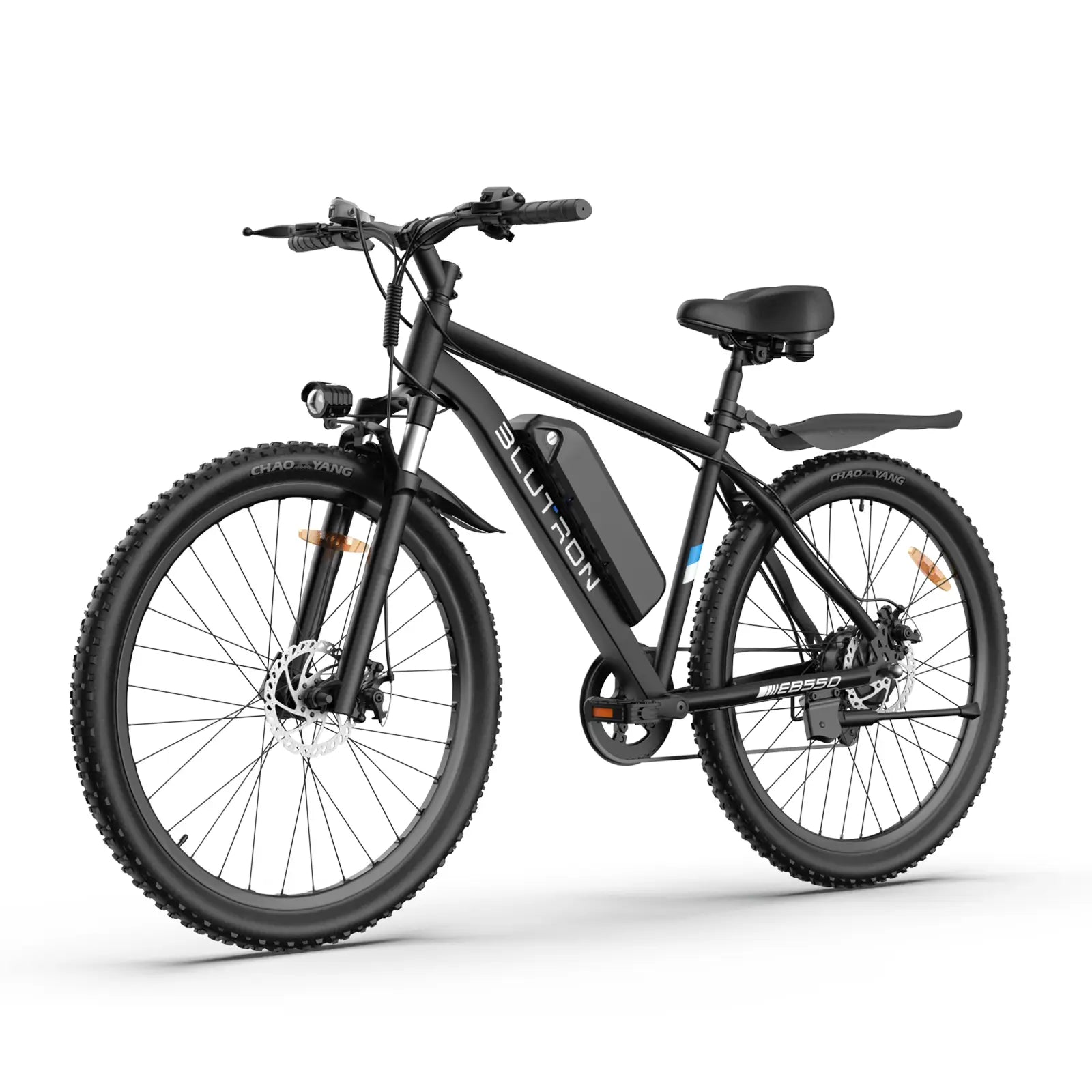 BLUTRON EB550 high-performing electric mountain bicycle: All-black design with BLUTRON branding, detachable battery, shock-absorbing front fork, disc brake components, front headlight and rear seat fender, presented in a front-side view against a clean white background