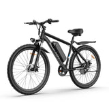 BLUTRON EB550 high-performing electric mountain bicycle: All-black design with BLUTRON branding, detachable battery, shock-absorbing front fork, disc brake components, front headlight and rear seat fender, presented in a front-side view against a clean white background