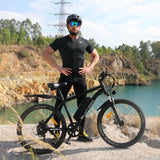 BLUTRON EB550 electric mountain bike: Rider navigating a rocky dirt trail, showcasing the bike’s detachable BLUTRON-branded battery — ideal for off-road use, set against a rugged outdoor backdrop