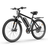 BLUTRON EB550 high-performing electric mountain bicycle: All-black design with BLUTRON branding, detachable battery, shock-absorbing front fork, disc brake components, front headlight and rear seat fender, presented in a front-side view against a clean white background