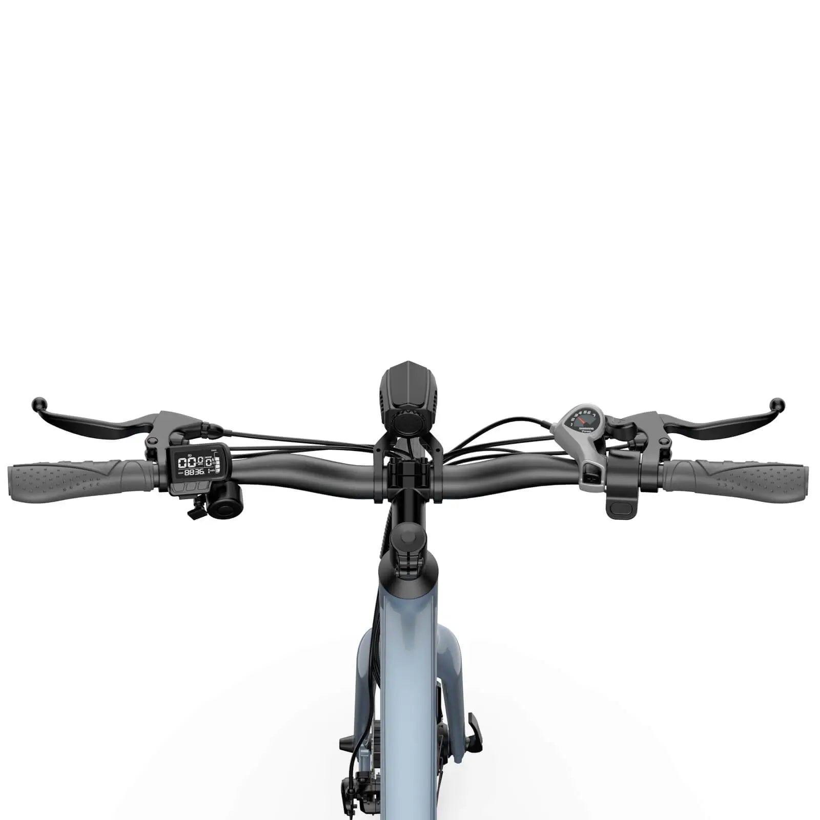 Handlebar area of the Blutron EB570 cheap commuter ebike—boasts a digital display, non-slip grips, brake levers, and a throttle, ideal for straightforward daily urban commutes.
