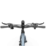 Handlebar area of the Blutron EB570 cheap commuter ebike—boasts a digital display, non-slip grips, brake levers, and a throttle, ideal for straightforward daily urban commutes.