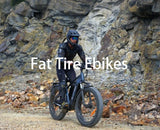 Blutron fat tire ebike banner: A rider navigating rugged rocky terrain on a Blutron off road fat tire ebike, highlighting its capability for rough off-road adventures.