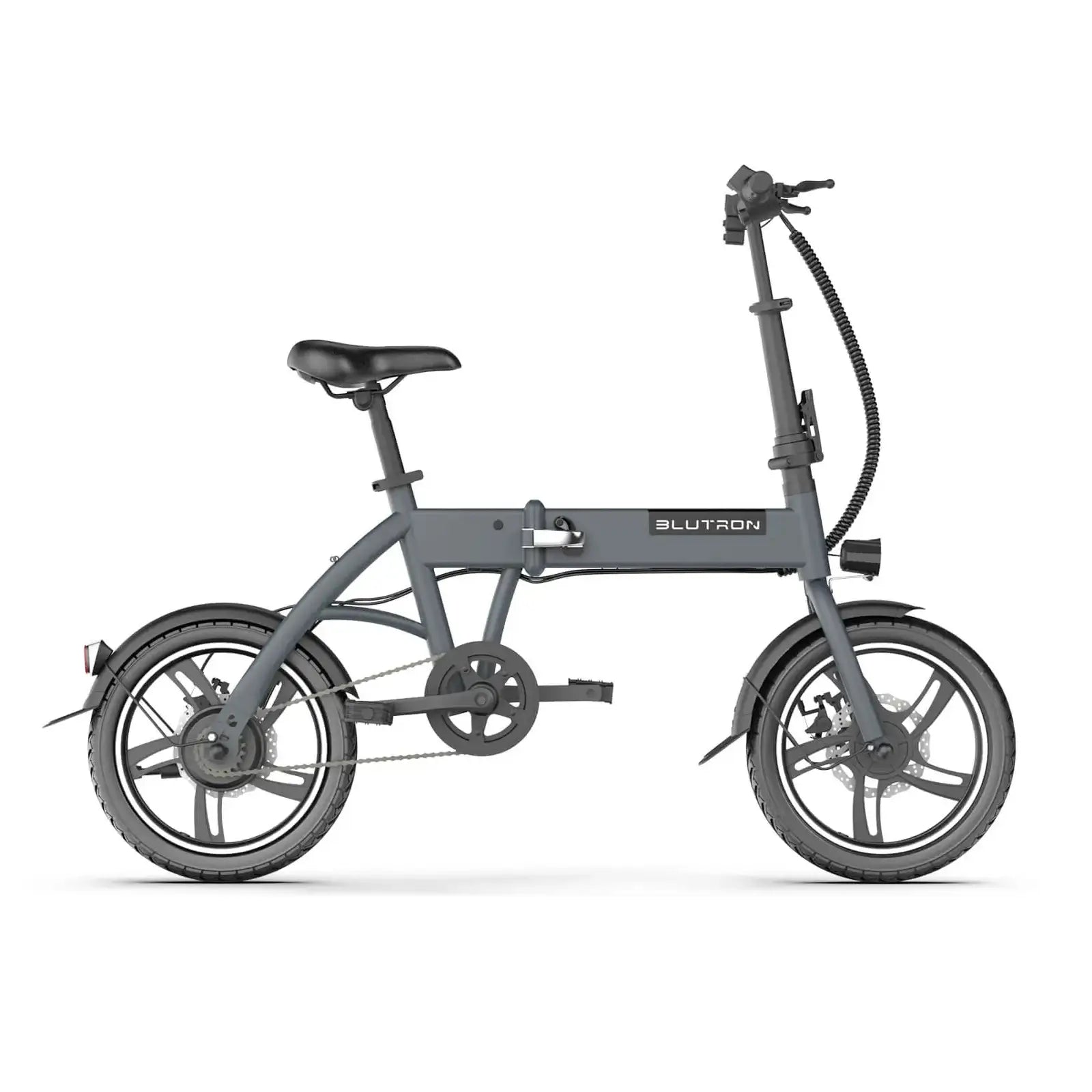 Blutron EB380F lightweight folding ebike: Gray-framed foldable model with folding latch, disc brakes, shown against plain white background
