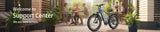 Blutron ebike support center banner: Features 'Welcome to Support Center' and 'We are here to help' alongside a Blutron ebike, set in a casual outdoor space.