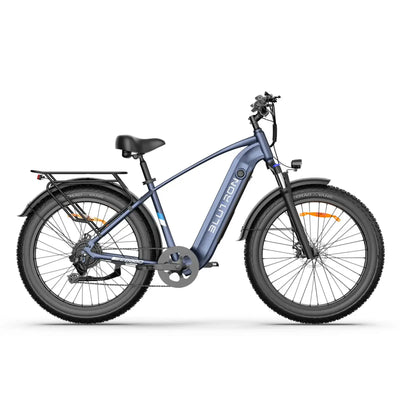 Blutron deep blue fat tire ebike features wide all-terrain tires, a rear cargo rack, and a branded frame—showcasing the sturdy, functional design of this versatile fat tire ebike.
