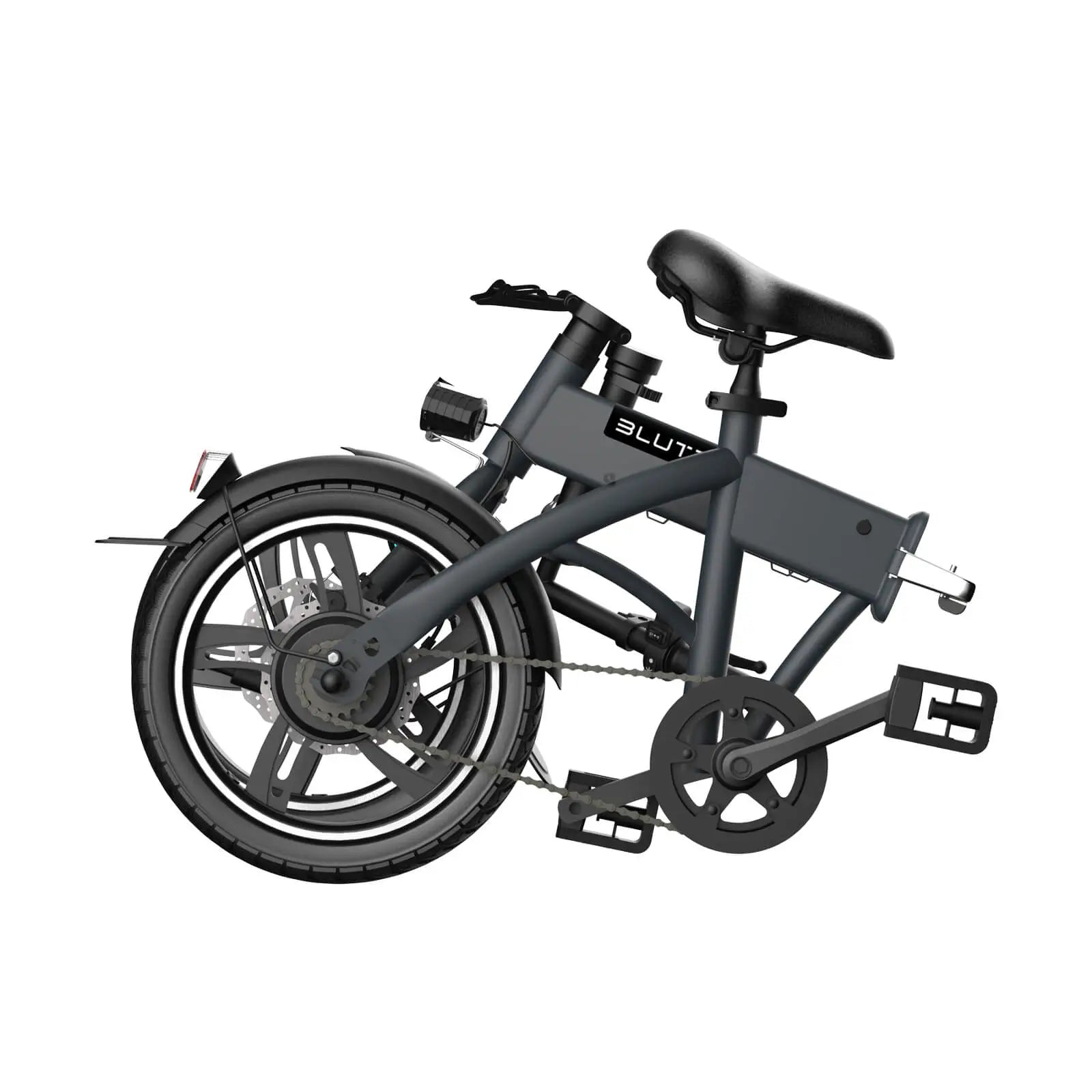 Blutron EB380F portable foldable electric bike: Compact folded gray model featuring rear disc brake, BLUTRON branding, displayed against a plain white background