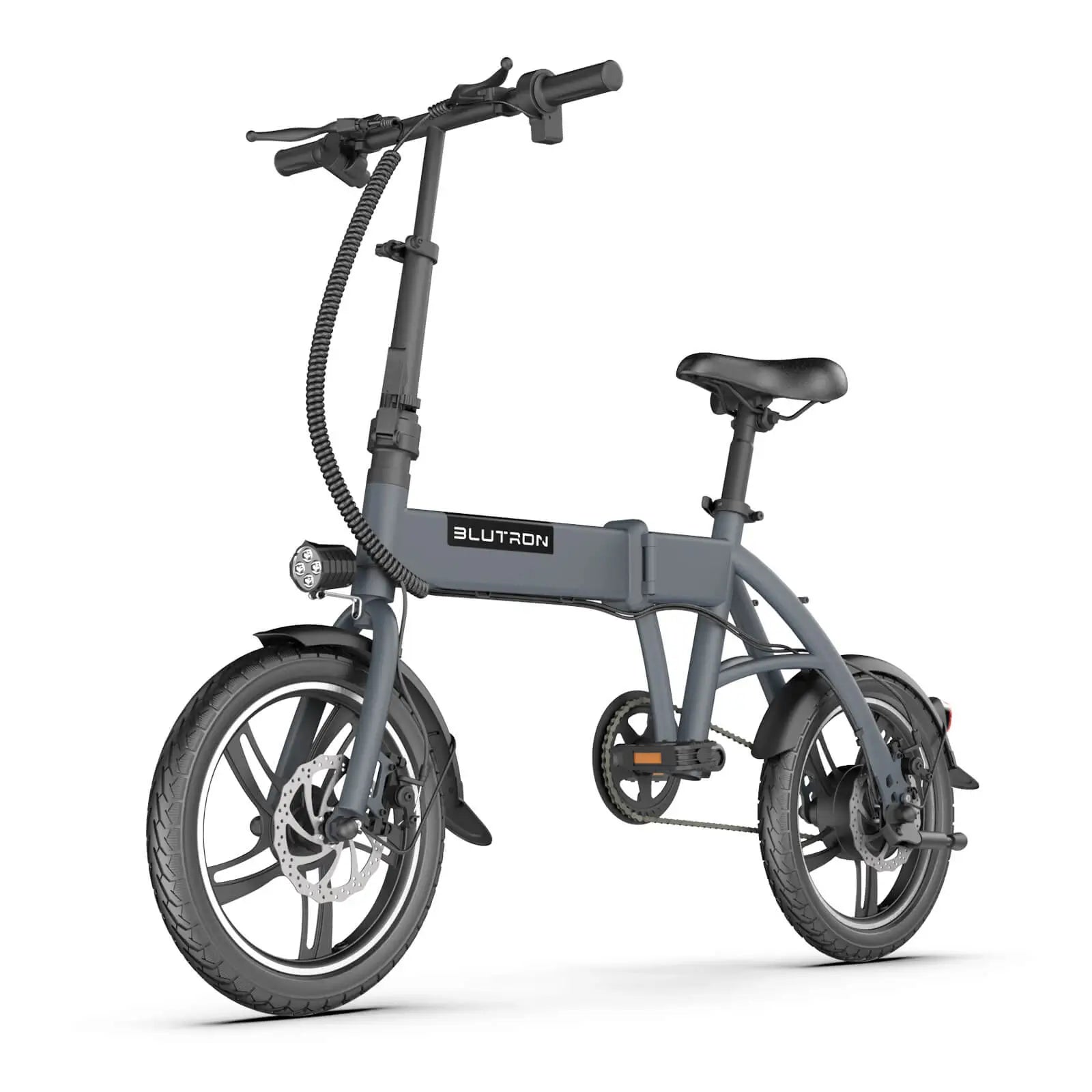 Blutron EB380F compact urban foldable ebike: Gray-framed model featuring front disc brake, LED headlight, adjustable handlebar, and BLUTRON branding, displayed against a plain white background