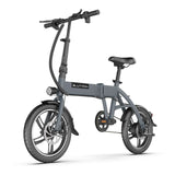 Blutron EB380F compact urban foldable ebike: Gray-framed model featuring front disc brake, LED headlight, adjustable handlebar, and BLUTRON branding, displayed against a plain white background