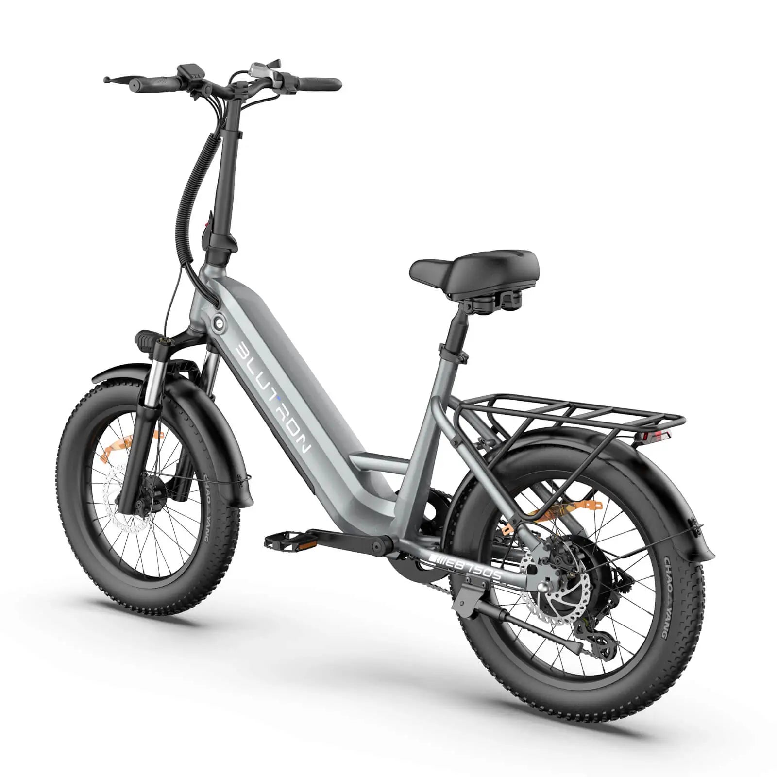 Blutron silver-gray sturdy rear rack folding ebike for daily urban commuting: Features handlebar controls, a black seat, wide slip-resistant tires, front/rear disc brakes, and the "BLUTRON" logo on its frame, displayed against a plain white background.