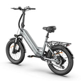 Blutron silver-gray sturdy rear rack folding ebike for daily urban commuting: Features handlebar controls, a black seat, wide slip-resistant tires, front/rear disc brakes, and the "BLUTRON" logo on its frame, displayed against a plain white background.