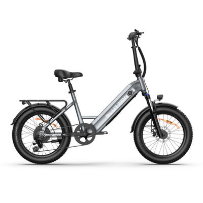 Blutron EB750S folding ebike—foldable design, rear rack, fenders, disc brakes, thick tires. Perfect for portable commutes and easy storage.