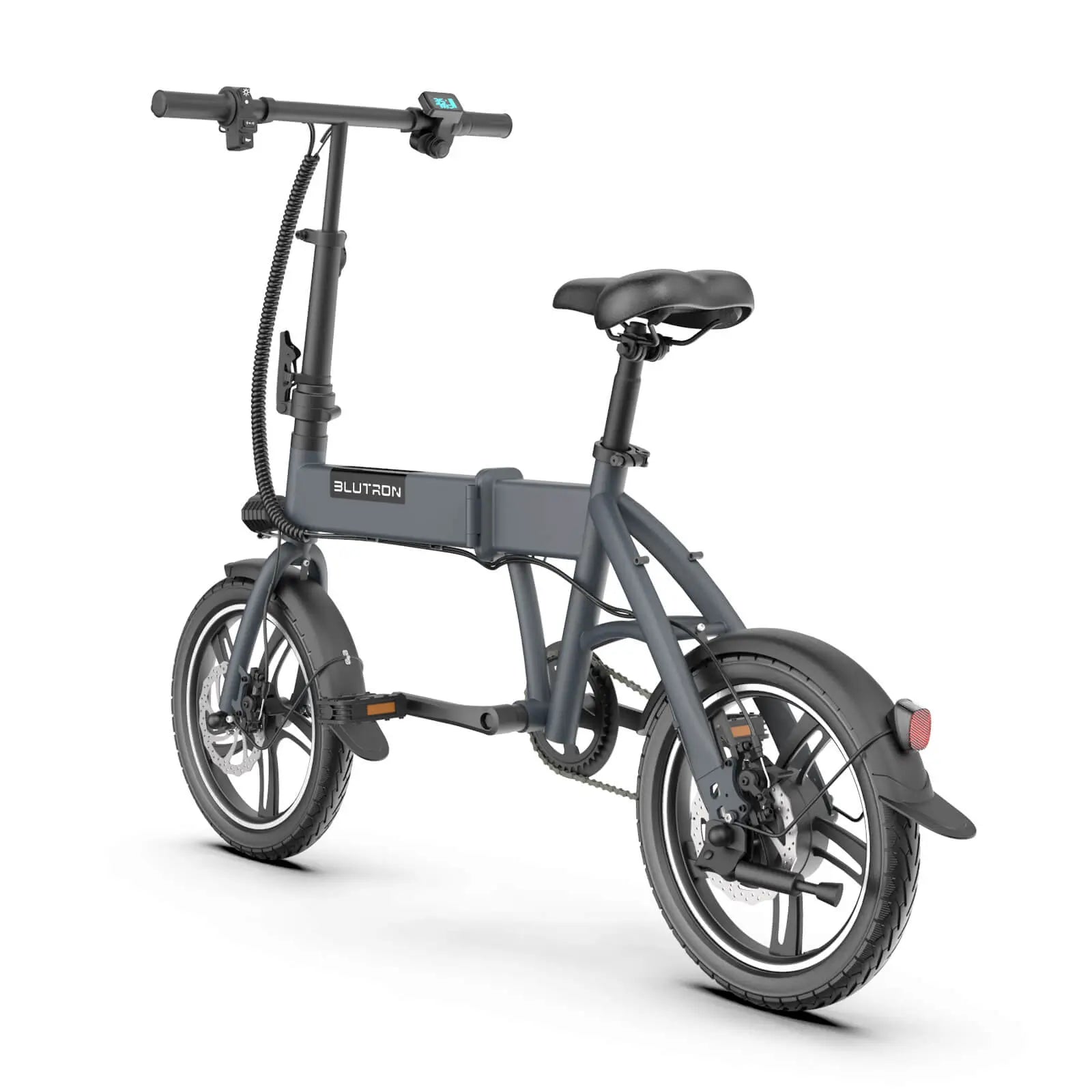 Blutron EB380F foldable ebike lightweight: Gray-framed model featuring front/rear disc brakes, rear tail light, and BLUTRON branding, displayed against a plain white background