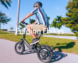 Blutron folding ebike banner: A rider cruising a sunlit palm-lined path on a Blutron ebikes foldable, showcasing its space-saving foldable design perfect for easy daily commutes and leisure outings.