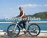 Blutron commuter ebike banner: A woman riding a Blutron e-bike along a sunlit coastal path lined with palm trees, showcasing this model as a best commuter ebike perfect for daily travels.