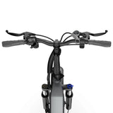 Blutron foldable ebike handlebar with digital display for urban commuting: Close-up of black textured-grip handlebar, featuring a digital LCD screen, analog speedometer, brake levers, wired connections, paired with the front suspension fork of this silver-gray folding electric bike.