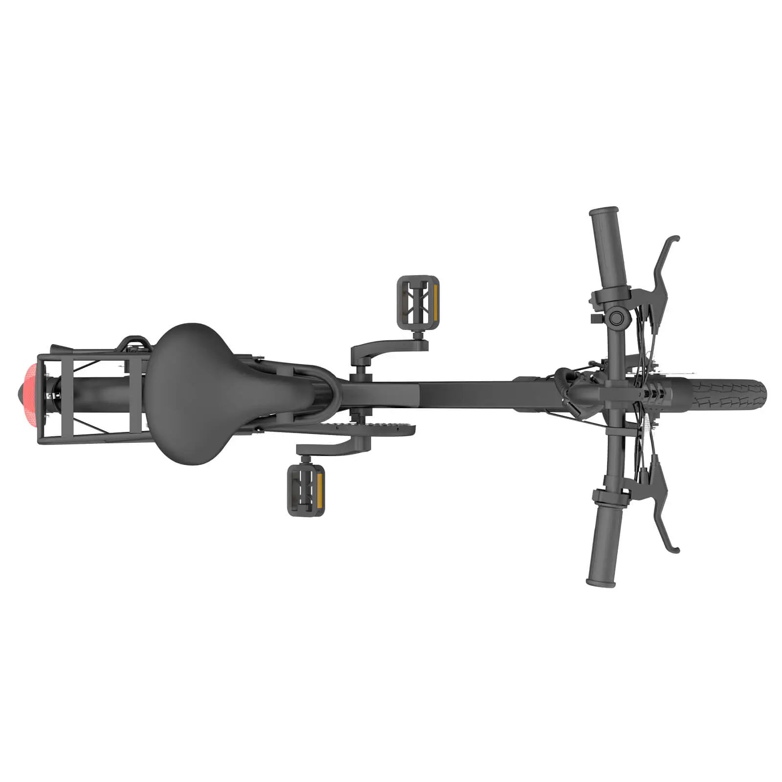 Top-down view of a folded Blutron ebike (among foldable ebikes for sale): padded seat, anti-slip pedals, brake levers, rear cargo rack, and red taillight—built for easy portability.