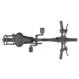 Top-down view of a folded Blutron ebike (among foldable ebikes for sale): padded seat, anti-slip pedals, brake levers, rear cargo rack, and red taillight—built for easy portability.