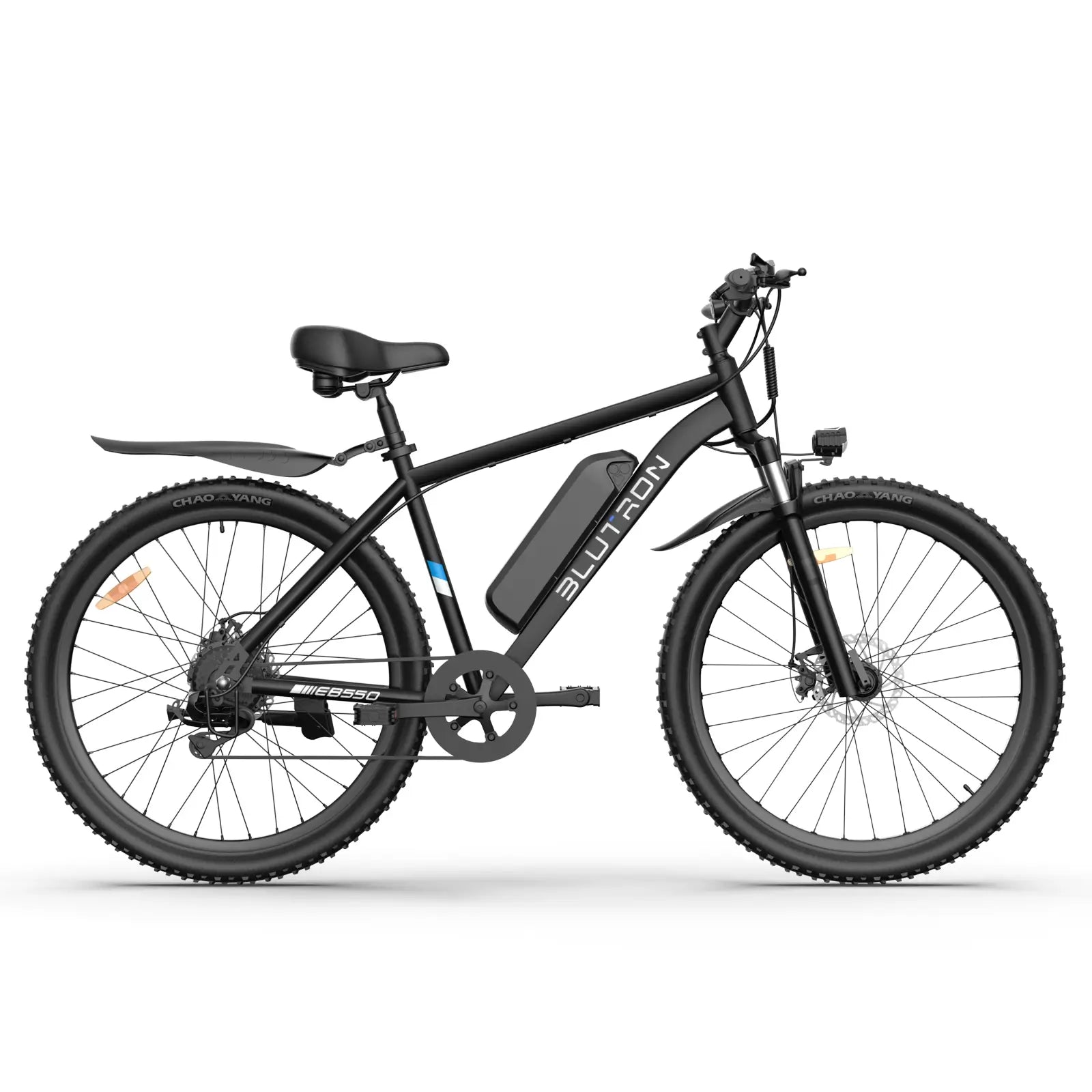 Blutron EB550 mountain bike features thick mountain tires, disc brakes, a built-in battery, fenders and a front light—ideal for off-road trails and daily rides.