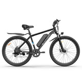 Blutron EB550 mountain bike features thick mountain tires, disc brakes, a built-in battery, fenders and a front light—ideal for off-road trails and daily rides.