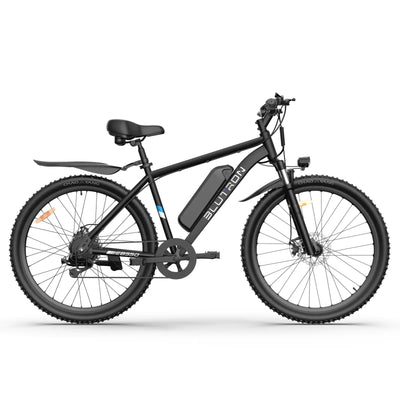 Blutron EB550 mountain bike features thick mountain tires, disc brakes, a built-in battery, fenders and a front light—ideal for off-road trails and daily rides.