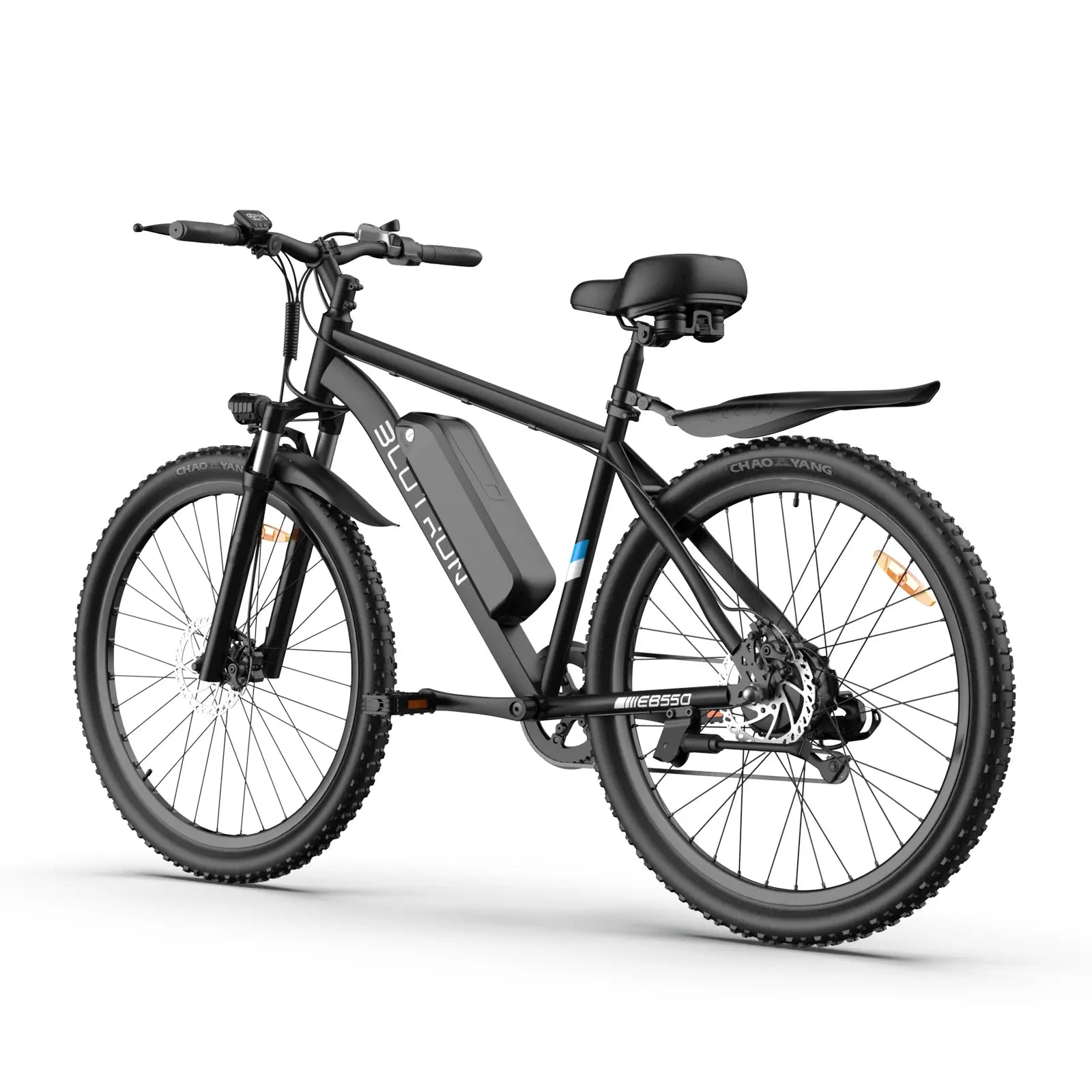 Blutron EB550—one of the best ebikes for mountain biking—boasts thick mountain tires, disc brakes, a built-in battery, rear fender, rear rack and multi-speed gears. Ideal for rugged trail rides and daily commutes.
