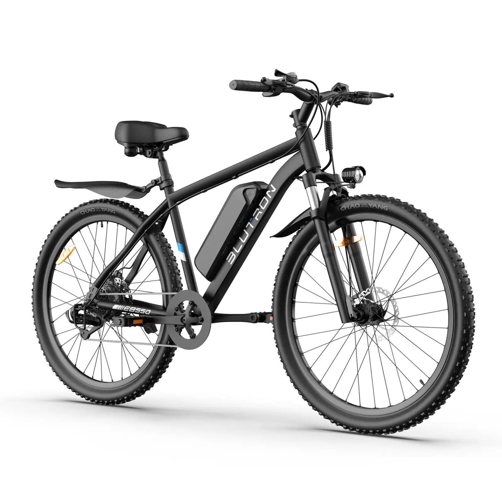 Blutron EB550 (best mountain bike for ebike conversion)—front suspension, disc brakes, built-in battery, fenders, rack, front light. Sturdy frame suits converted off-road and daily rides.