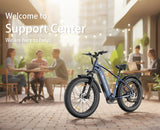 Blutron ebike support center banner: Features 'Welcome to Support Center' and 'We are here to help' alongside a Blutron ebike, set in a casual outdoor space.