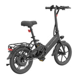 This sleek black Blutron ebike—part of the easy-fold commuter ebikes lineup—comes equipped with a rear cargo rack, padded seat, front LED light, spring suspension, and front disc brake. It’s designed for convenient, smooth travels in busy urban settings.