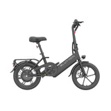 A sleek black Blutron lightweight folding ebike, showcasing its padded seat, rear cargo rack, front LED light, and spring suspension—designed for easy portability and smooth, comfortable urban rides