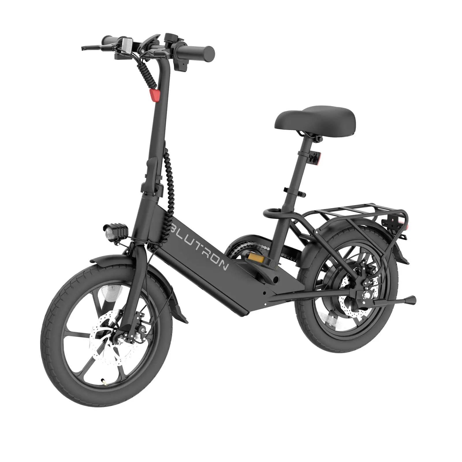 This sleek black Blutron portable foldable ebike (perfect for urban commutes) comes equipped with front/rear disc brakes, a front LED light, a rear cargo rack, spring suspension, and an adjustable seat—crafted for convenient, smooth daily travels.