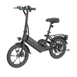 This sleek black Blutron portable foldable ebike (perfect for urban commutes) comes equipped with front/rear disc brakes, a front LED light, a rear cargo rack, spring suspension, and an adjustable seat—crafted for convenient, smooth daily travels.