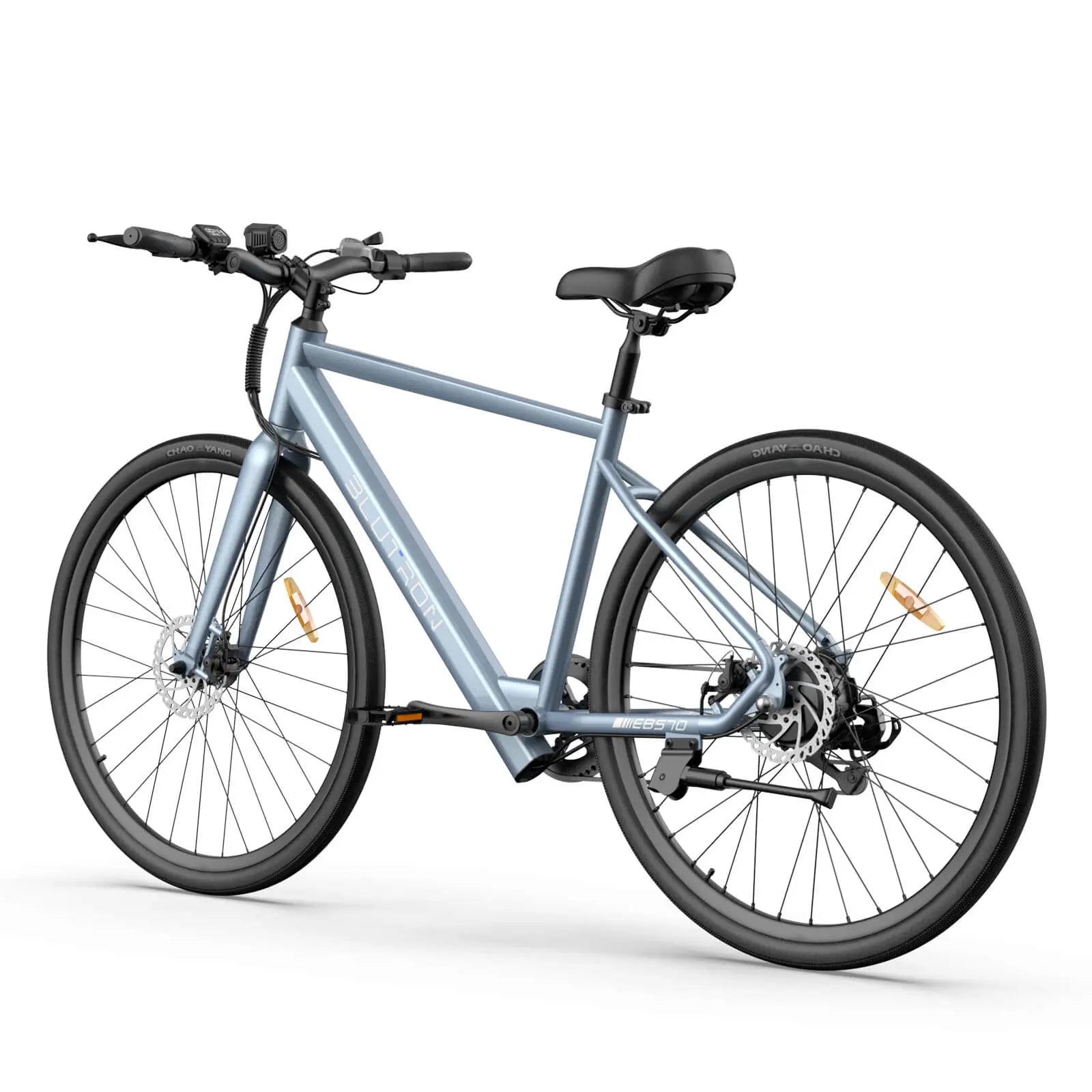 Blutron EB570 light commuter ebike features a streamlined frame, responsive disc brakes, and a padded seat, perfect for easy comfortable urban daily commutes.